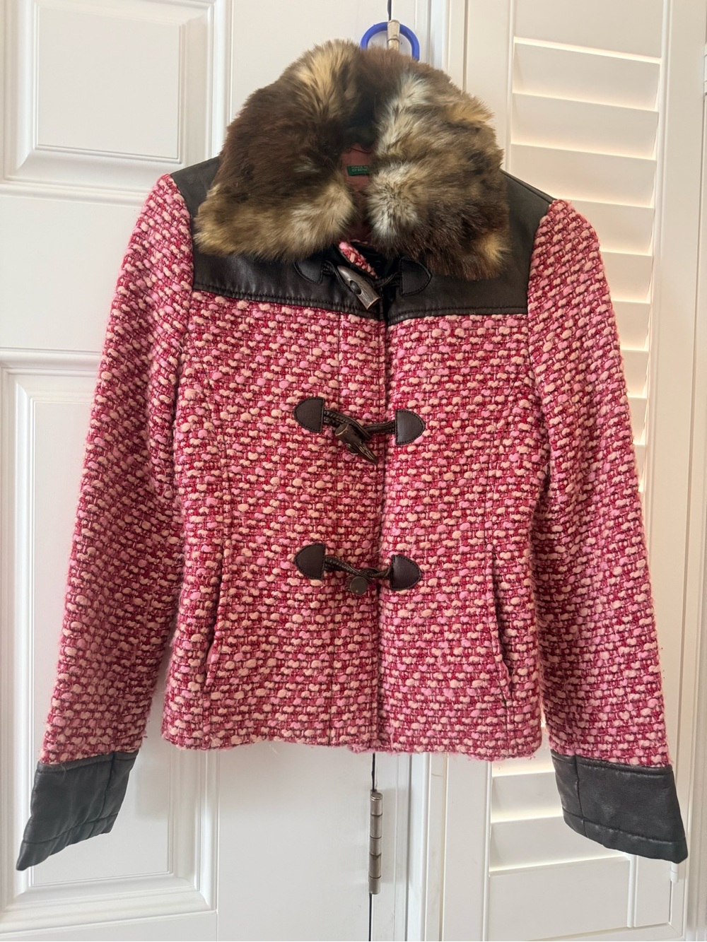 United Colors Of Benetton Pink Tweed Pea Coat with Faux Fur Collar